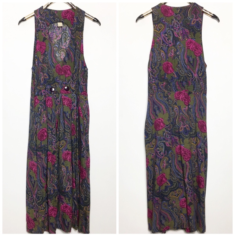 Vintage Floral Paisley Midi Dress Chunky Buttons